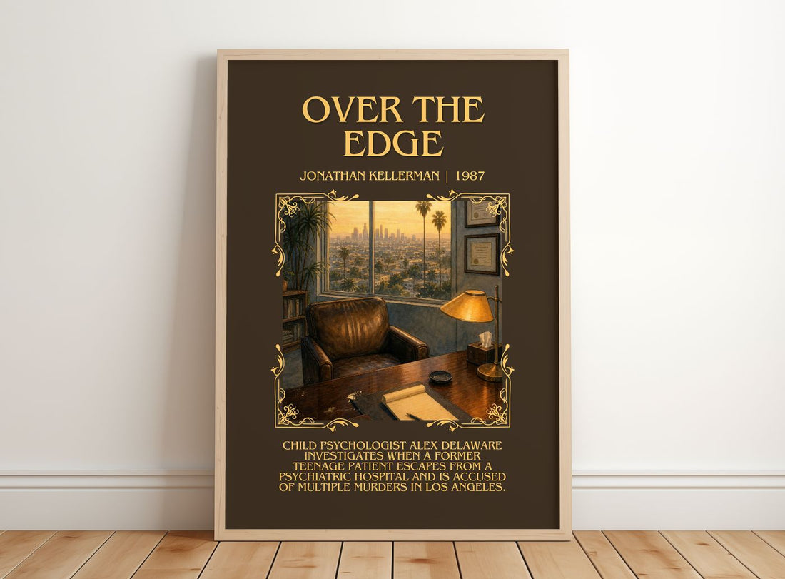 Over the Edge Minimalist Book Poster by Jonathan Kellerman – framed print leaning on a wooden floor