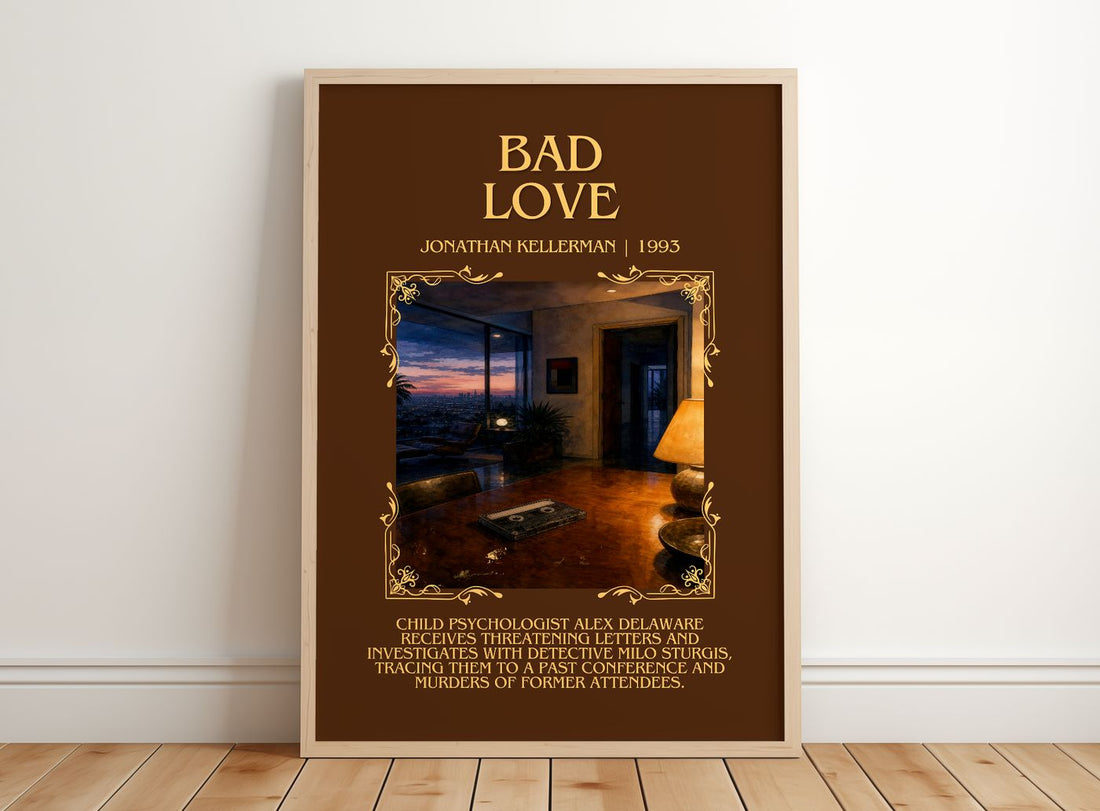 Bad Love Minimalist Book Poster by Jonathan Kellerman – framed print leaning on a wooden floor