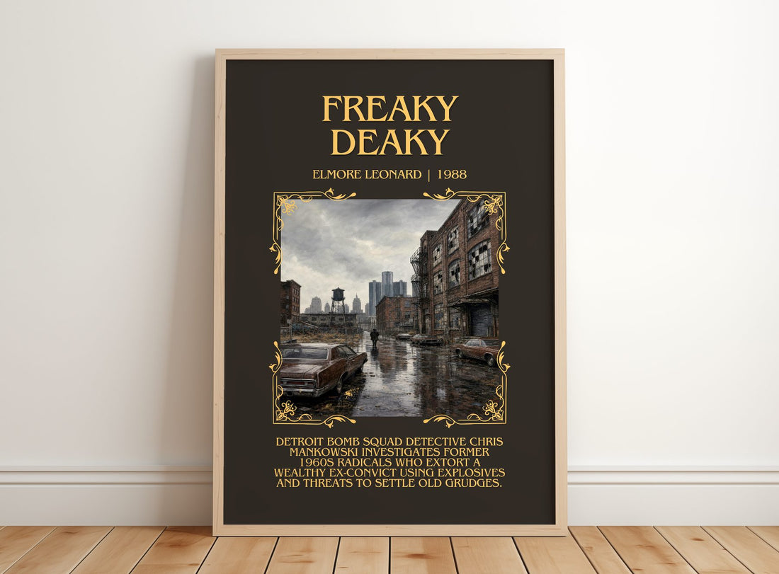Freaky Deaky Minimalist Book Poster by Elmore Leonard – framed print leaning on a wooden floor