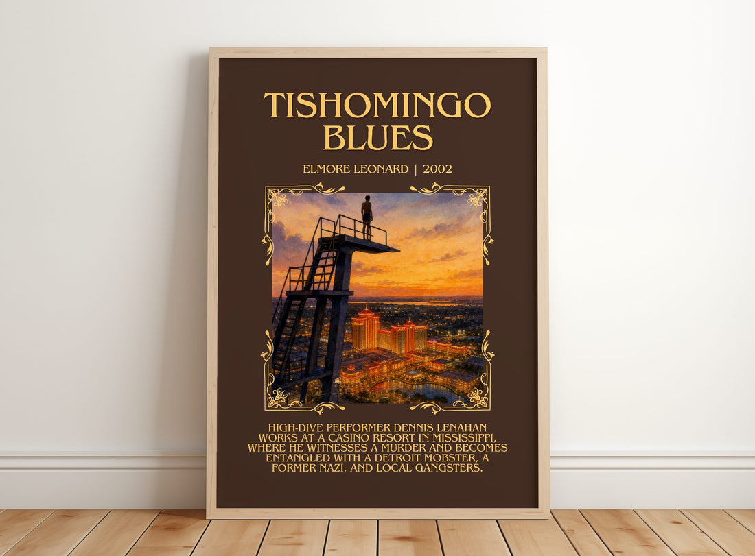 Tishomingo Blues Minimalist Book Poster by Elmore Leonard – framed print leaning on a wooden floor