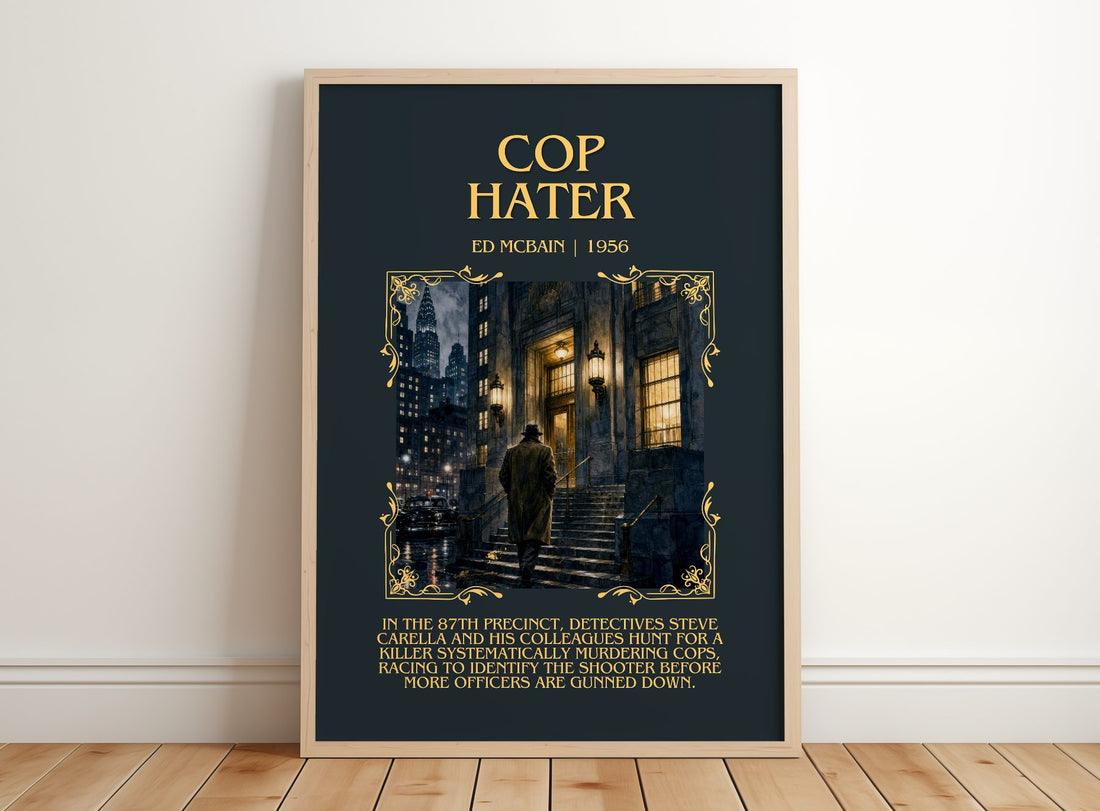 Cop Hater Minimalist Book Poster by Ed McBain – framed print leaning on a wooden floor