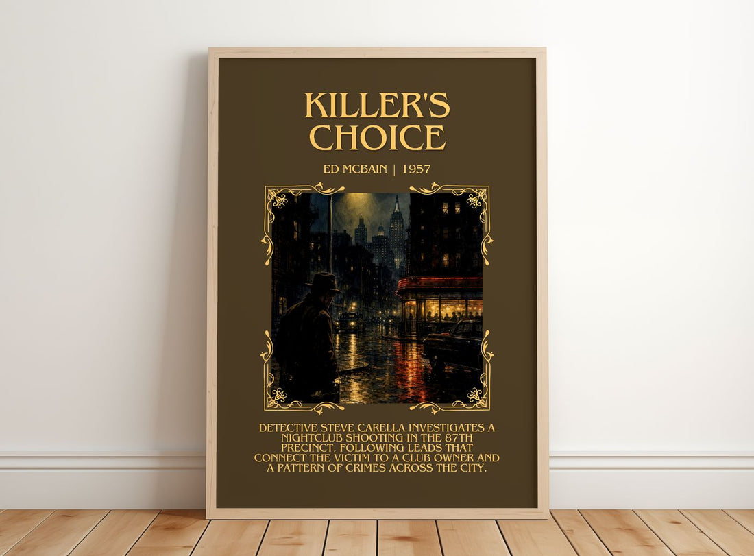 Killer's Choice Minimalist Book Poster by Ed McBain – framed print leaning on a wooden floor