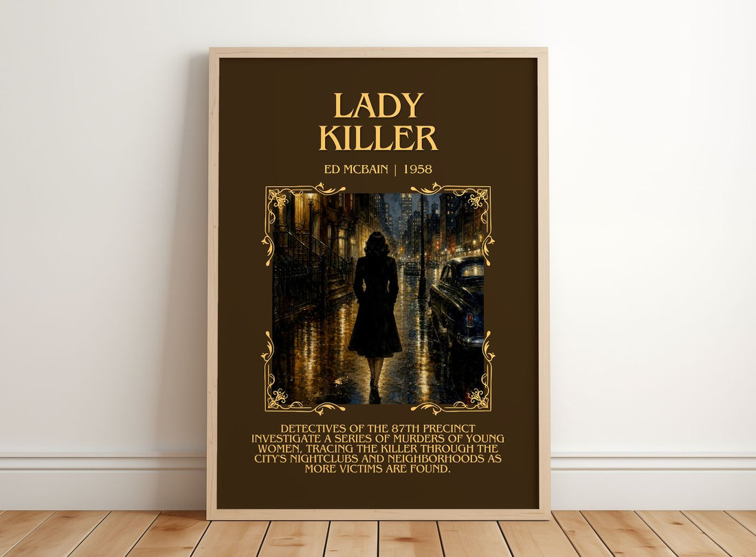 Lady Killer Minimalist Book Poster by Ed McBain – framed print leaning on a wooden floor