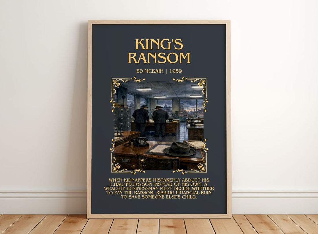 King's Ransom Minimalist Book Poster by Ed McBain – framed print leaning on a wooden floor