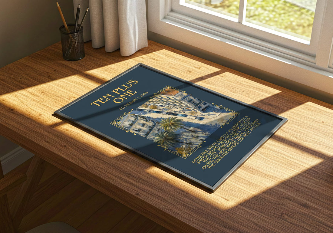Ten Plus One Minimalist Book Poster by Ed McBain – print on a sunlit desk