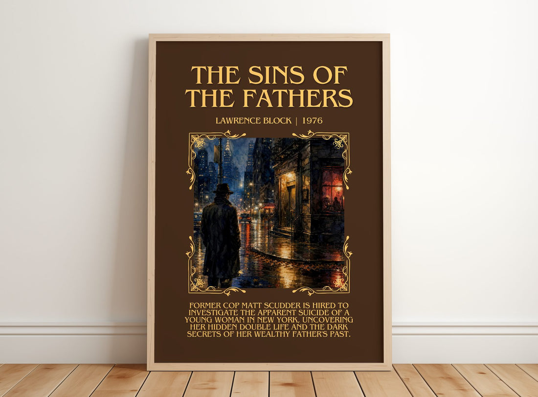 The Sins of the Fathers Minimalist Book Poster by Lawrence Block – framed print leaning on a wooden floor