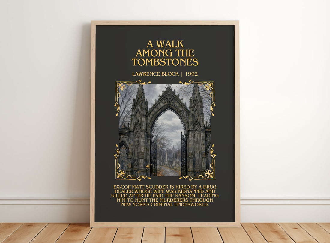 A Walk Among the Tombstones Minimalist Book Poster by Lawrence Block – framed print leaning on a wooden floor