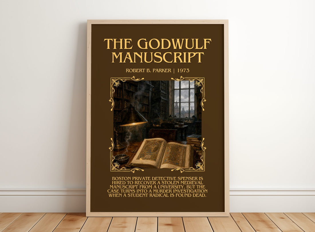 The Godwulf Manuscript Minimalist Book Poster by Robert B. Parker – framed print leaning on a wooden floor