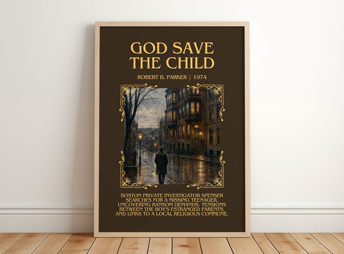 God Save the Child Minimalist Book Poster by Robert B. Parker – framed print leaning on a wooden floor