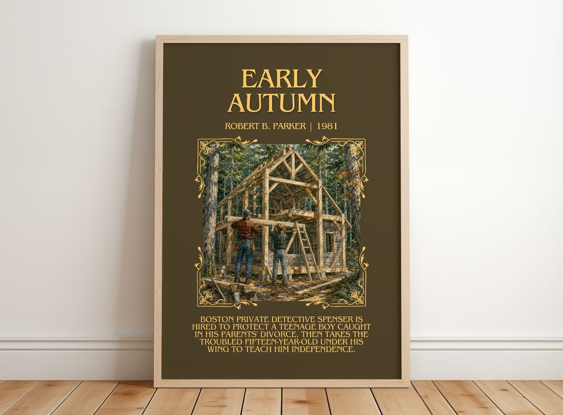 Early Autumn Minimalist Book Poster by Robert B. Parker – framed print leaning on a wooden floor
