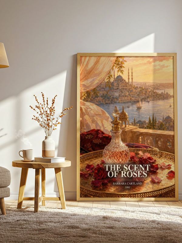 The Scent Of Roses watercolour print in frame leaning in hallway – romance wall art