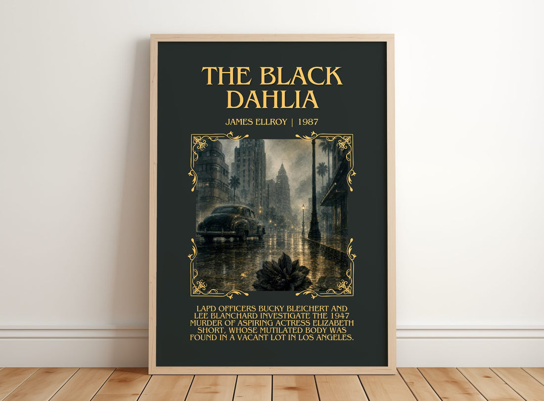 The Black Dahlia Minimalist Book Poster by James Ellroy – framed print leaning on a wooden floor