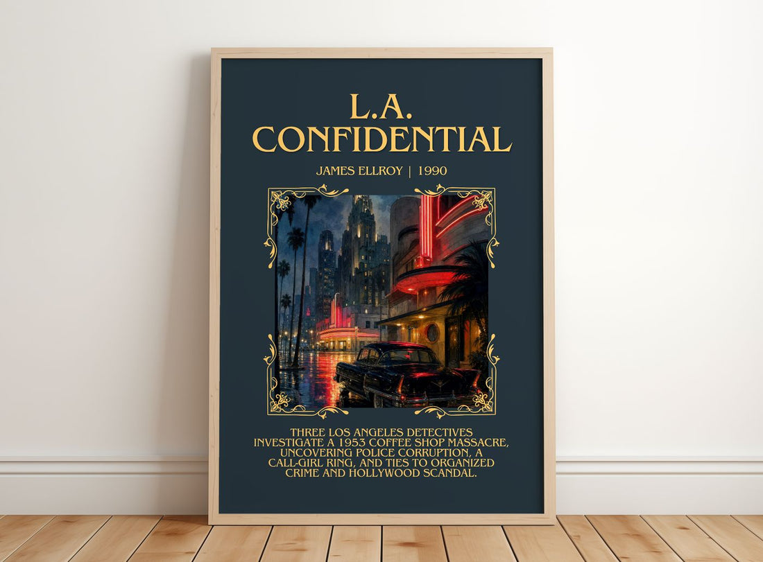 L.A. Confidential Minimalist Book Poster by James Ellroy – framed print leaning on a wooden floor