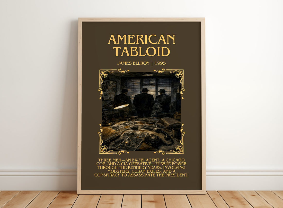 American Tabloid Minimalist Book Poster by James Ellroy – framed print leaning on a wooden floor