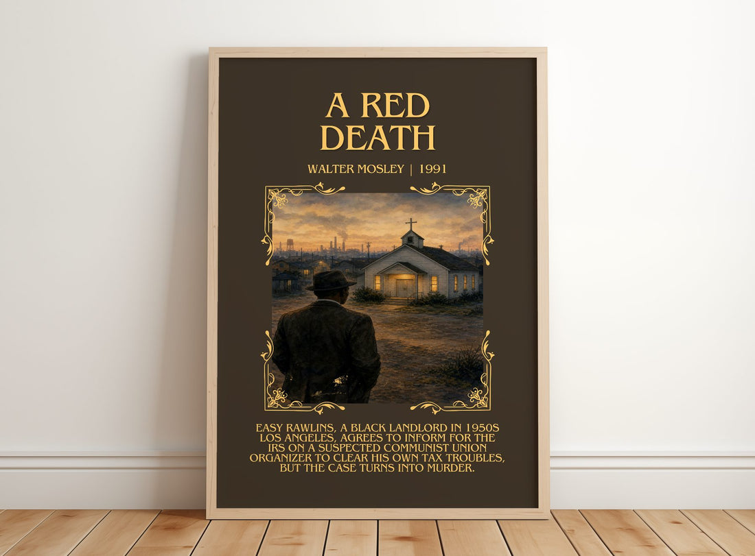 A Red Death Minimalist Book Poster by Walter Mosley – framed print leaning on a wooden floor