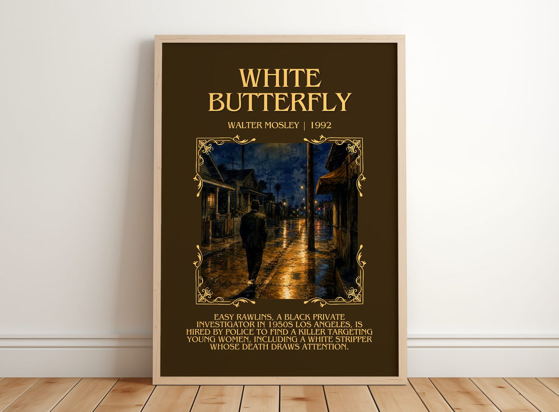 White Butterfly Minimalist Book Poster by Walter Mosley – framed print leaning on a wooden floor