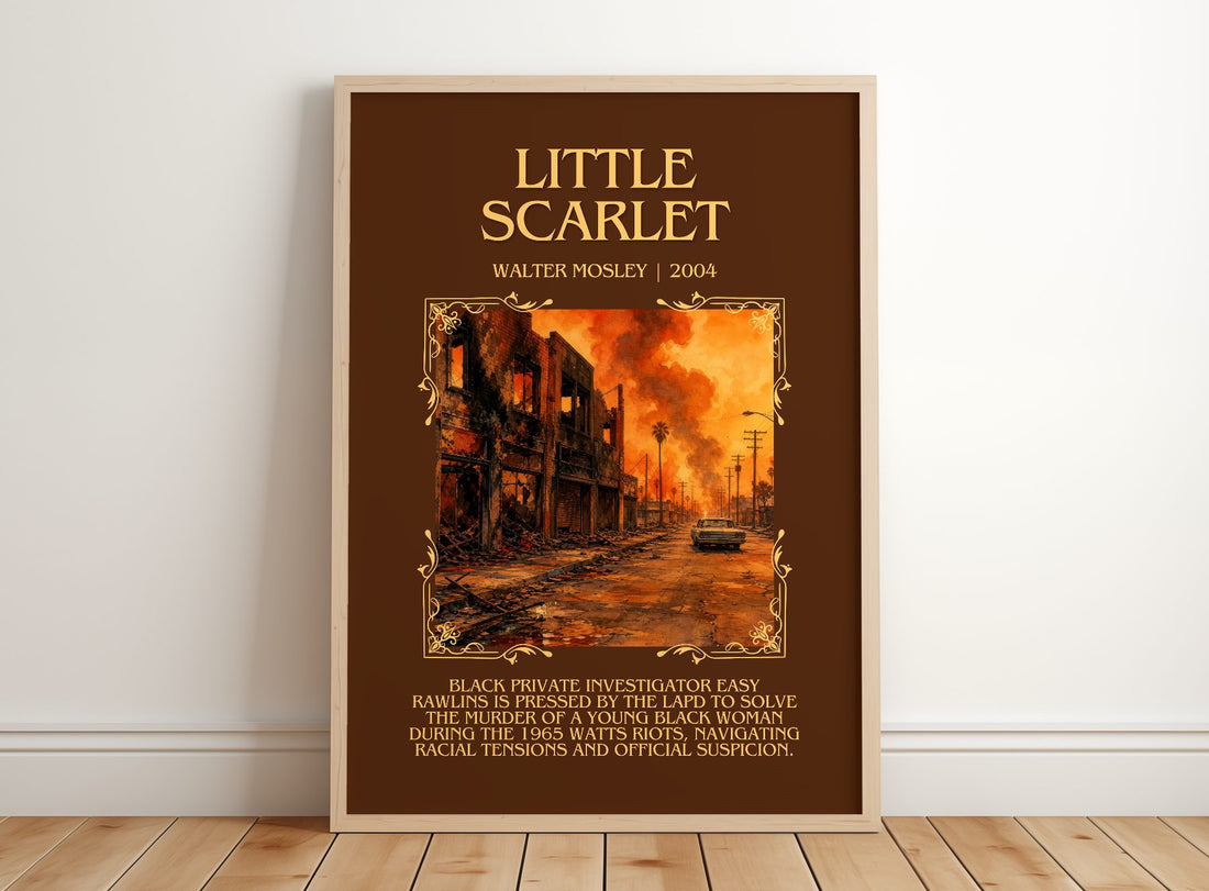 Little Scarlet Minimalist Book Poster by Walter Mosley – framed print leaning on a wooden floor
