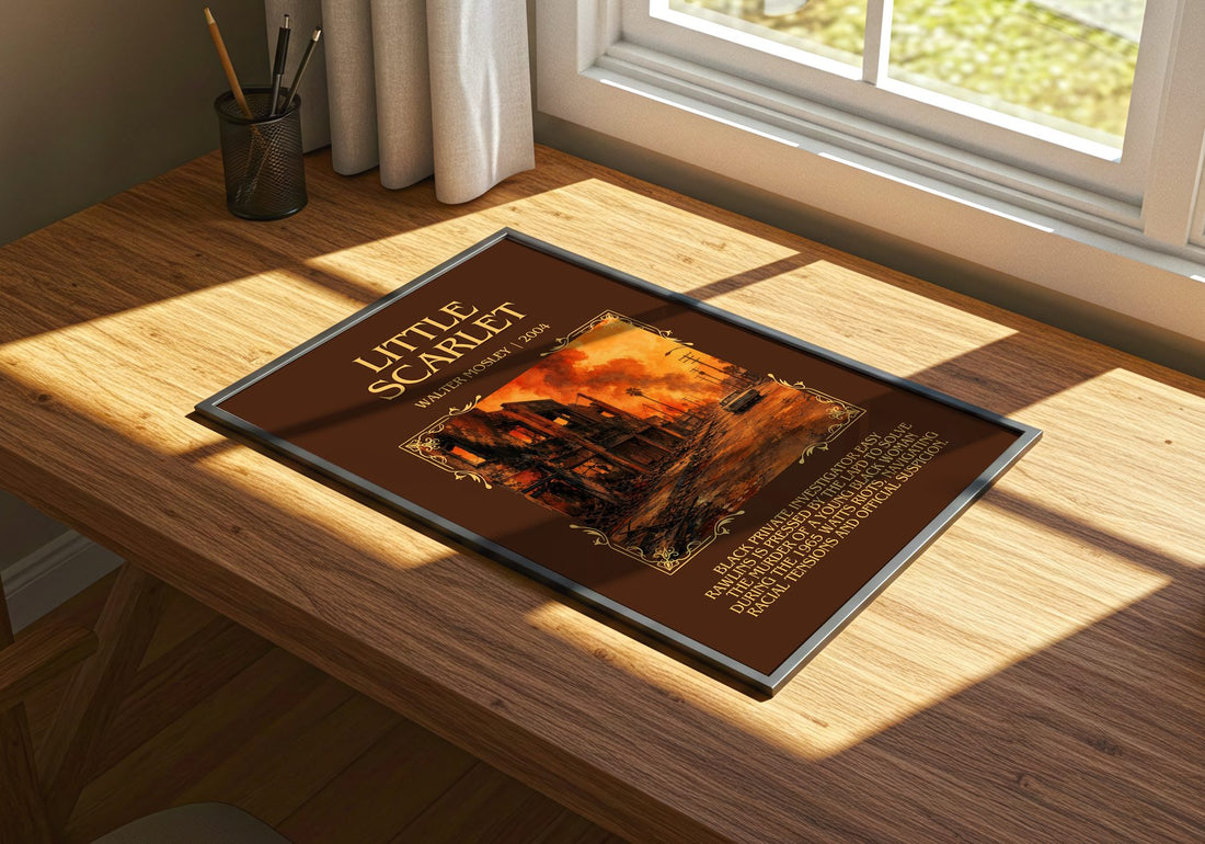 Little Scarlet Minimalist Book Poster by Walter Mosley – print on a sunlit desk