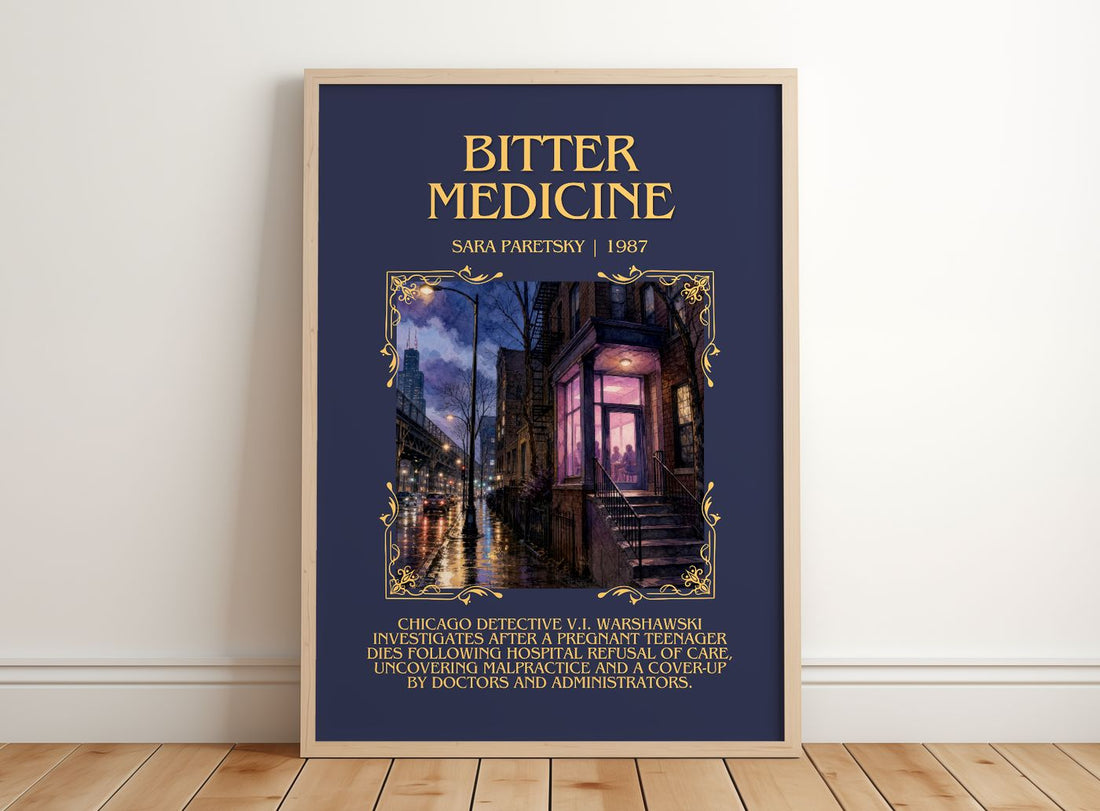 Bitter Medicine Minimalist Book Poster by Sara Paretsky – framed print leaning on a wooden floor