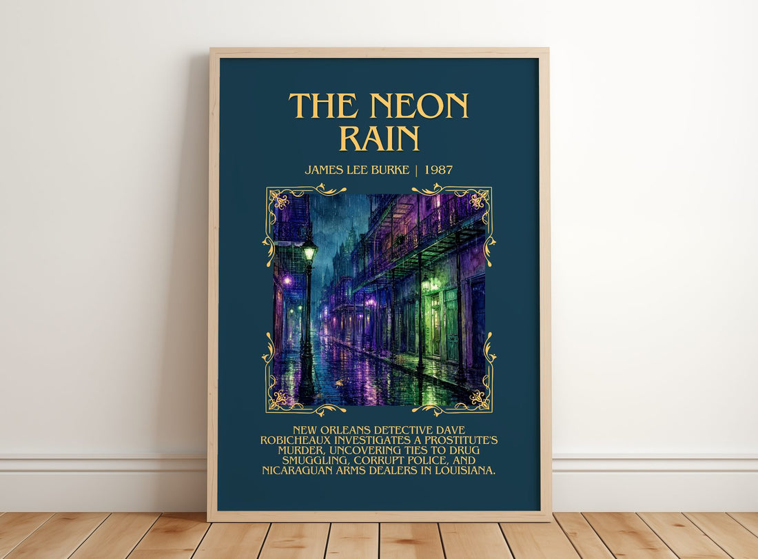 The Neon Rain Minimalist Book Poster by James Lee Burke – framed print leaning on a wooden floor
