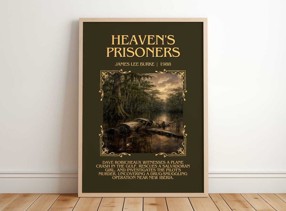 Heaven's Prisoners Minimalist Book Poster by James Lee Burke – framed print leaning on a wooden floor