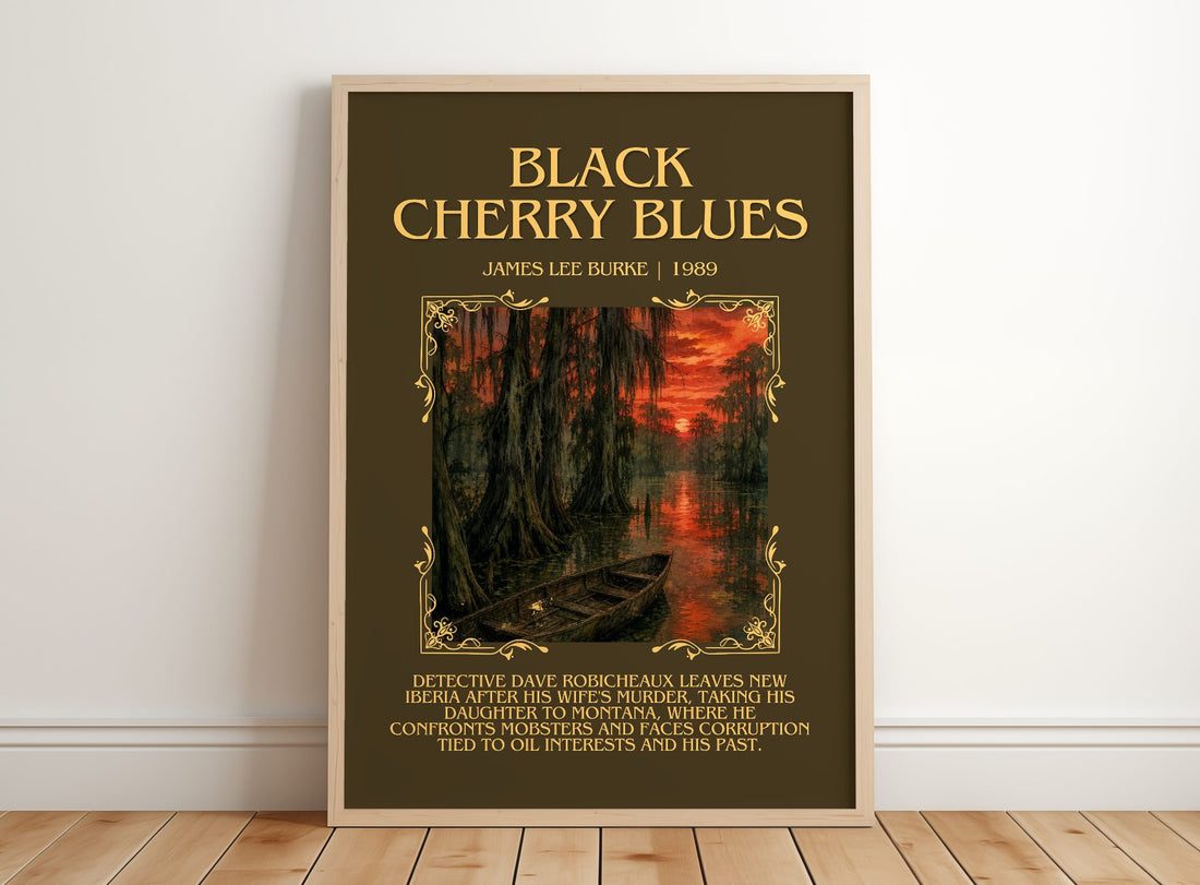Black Cherry Blues Minimalist Book Poster by James Lee Burke – framed print leaning on a wooden floor