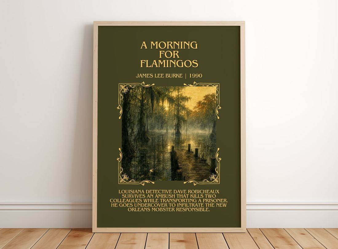 A Morning for Flamingos Minimalist Book Poster by James Lee Burke – framed print leaning on a wooden floor