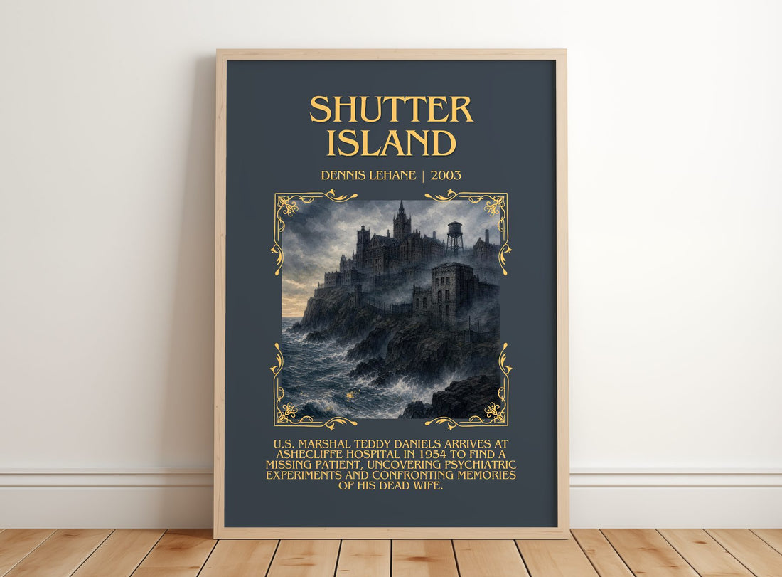 Shutter Island Minimalist Book Poster by Dennis Lehane – framed print leaning on a wooden floor