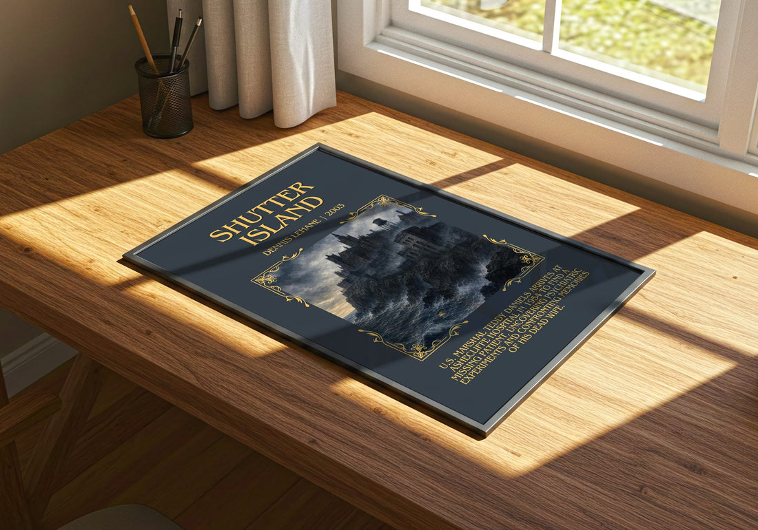 Shutter Island Minimalist Book Poster by Dennis Lehane – print on a sunlit desk