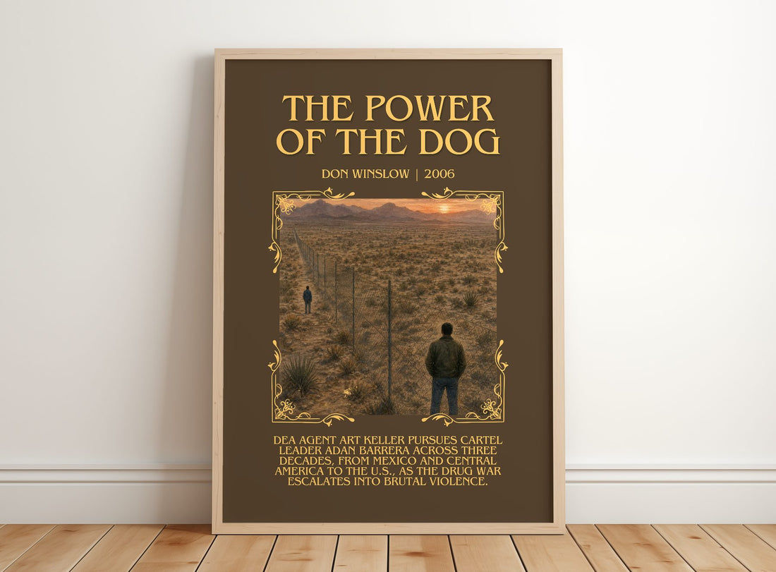 The Power of the Dog Minimalist Book Poster by Don Winslow – framed print leaning on a wooden floor