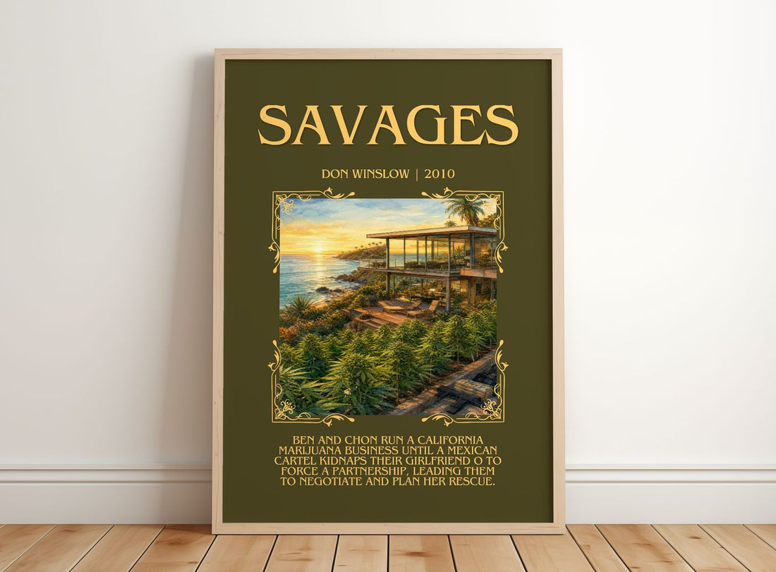Savages Minimalist Book Poster by Don Winslow – framed print leaning on a wooden floor