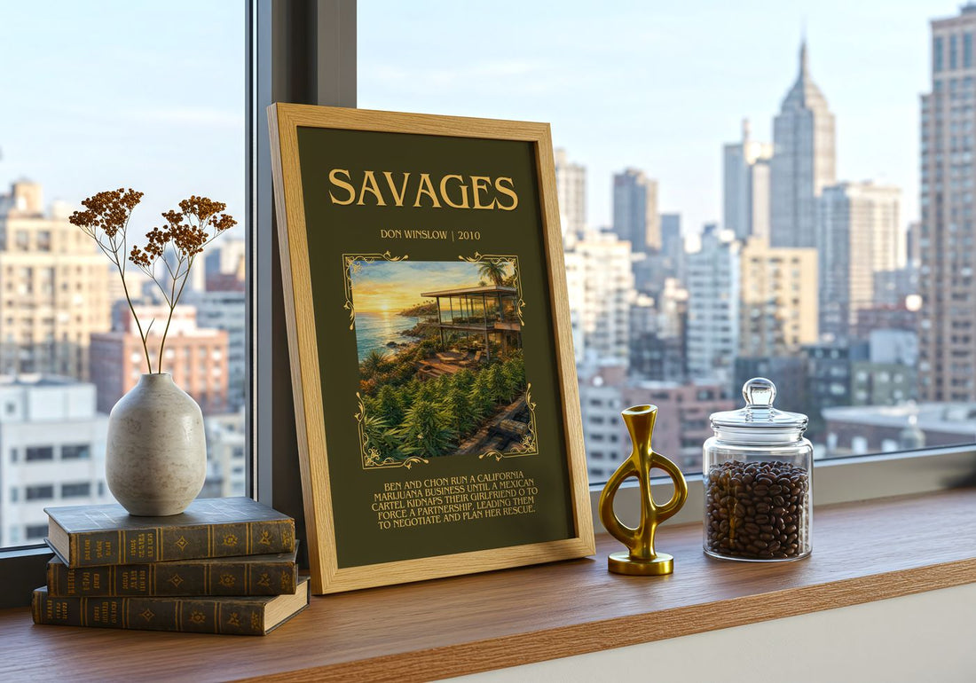 Savages Minimalist Book Poster by Don Winslow – framed print on a city-view windowsill