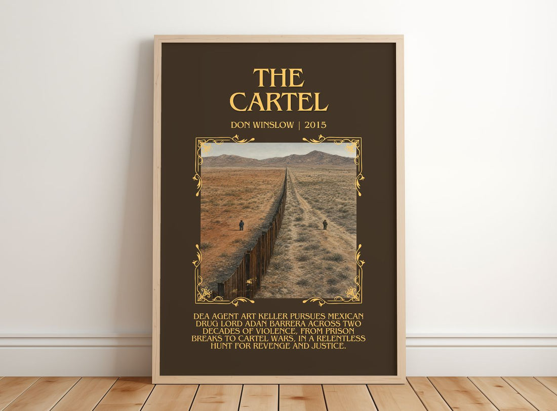 The Cartel Minimalist Book Poster by Don Winslow – framed print leaning on a wooden floor
