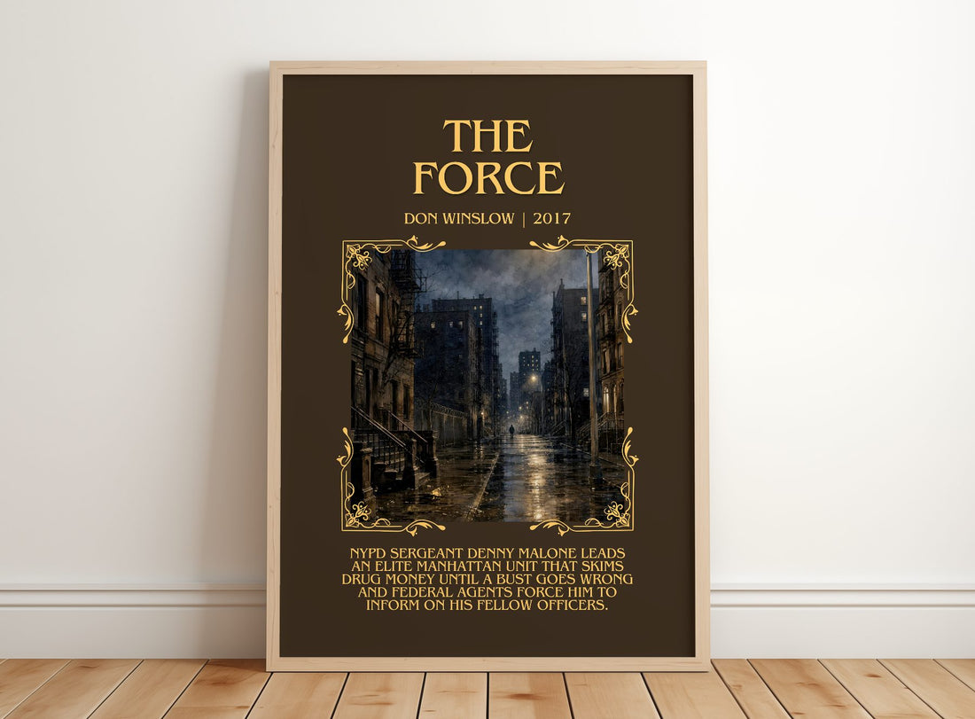 The Force Minimalist Book Poster by Don Winslow – framed print leaning on a wooden floor