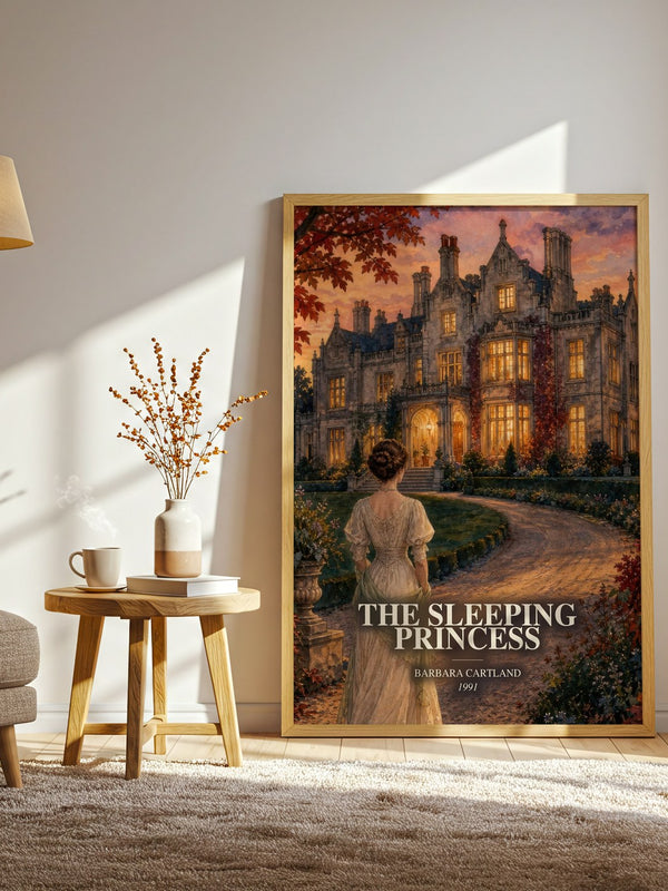 The Sleeping Princess watercolour print in frame leaning in hallway – romance wall art