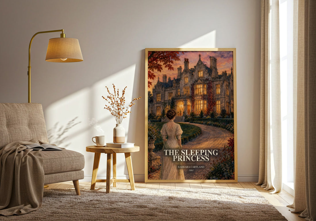 The Sleeping Princess watercolour print in frame leaning in hallway – romance wall art (mockup)