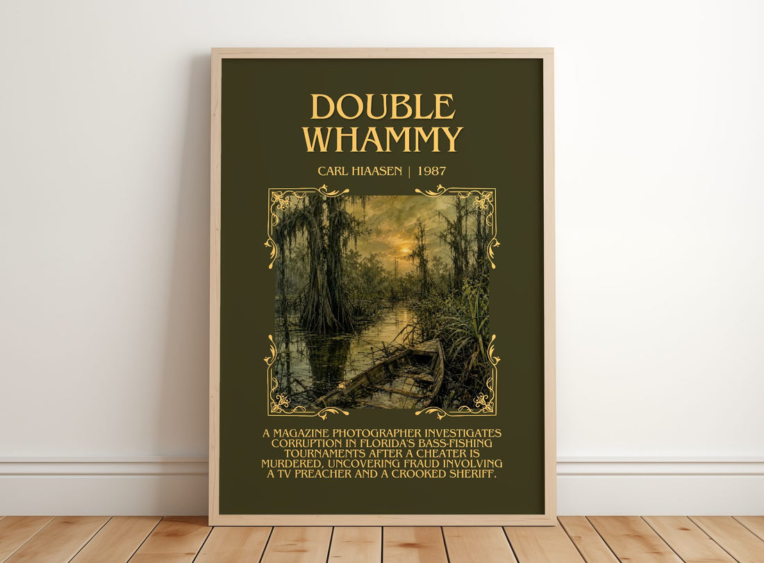 Double Whammy Minimalist Book Poster by Carl Hiaasen – framed print leaning on a wooden floor