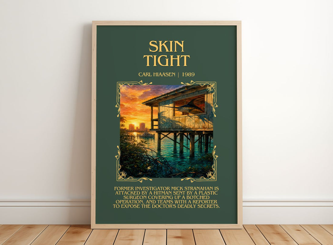 Skin Tight Minimalist Book Poster by Carl Hiaasen – framed print leaning on a wooden floor