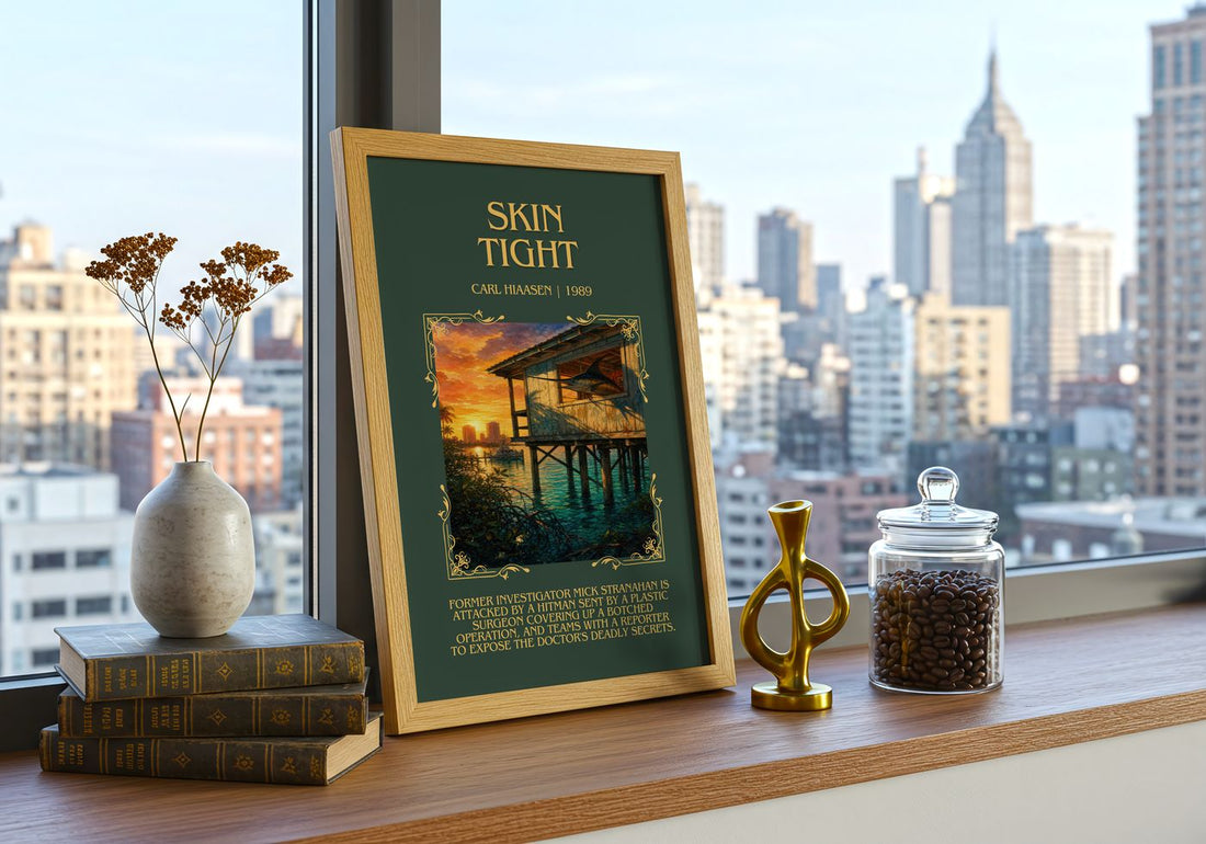 Skin Tight Minimalist Book Poster by Carl Hiaasen – framed print on a city-view windowsill
