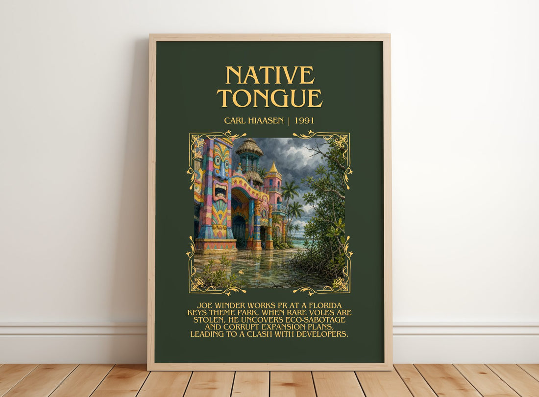 Native Tongue Minimalist Book Poster by Carl Hiaasen – framed print leaning on a wooden floor