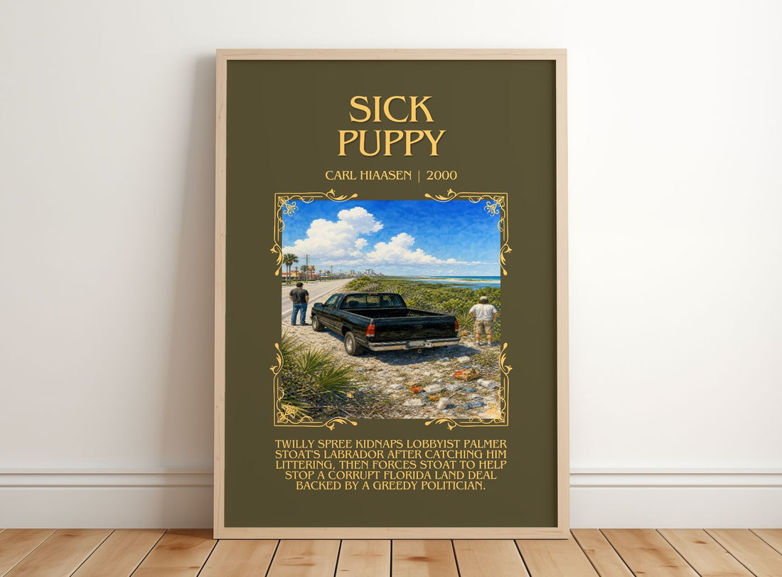 Sick Puppy Minimalist Book Poster by Carl Hiaasen – framed print leaning on a wooden floor