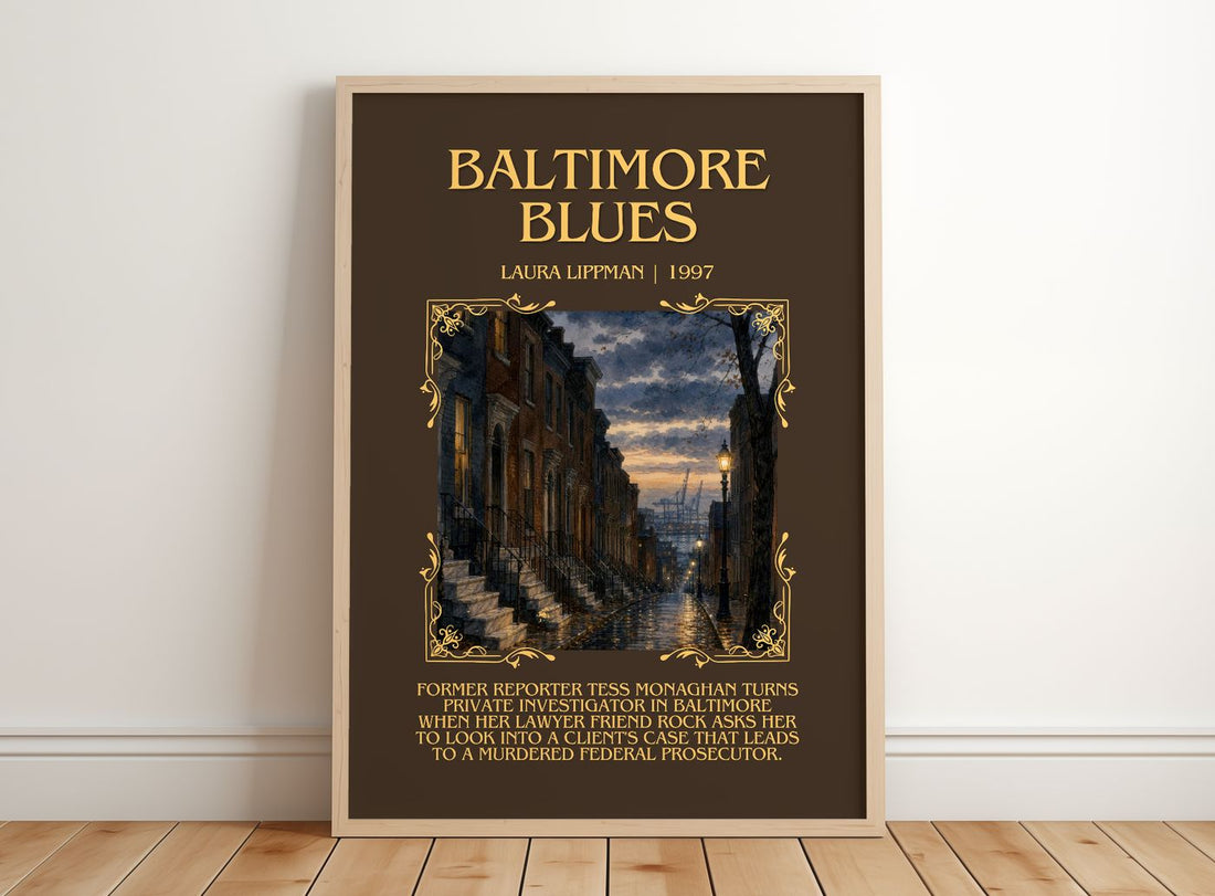 Baltimore Blues Minimalist Book Poster by Laura Lippman – framed print leaning on a wooden floor