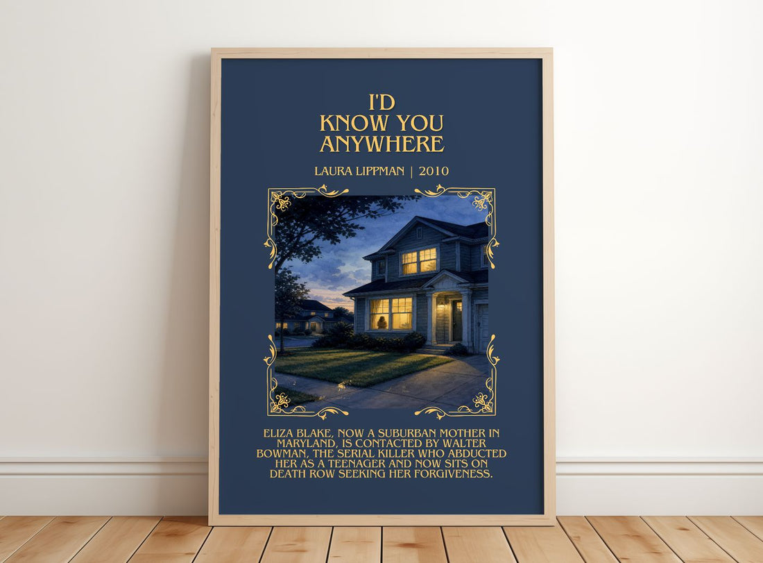 I'd Know You Anywhere Minimalist Book Poster by Laura Lippman – framed print leaning on a wooden floor