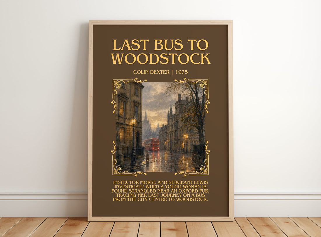 Last Bus to Woodstock Minimalist Book Poster by Colin Dexter – framed print leaning on a wooden floor
