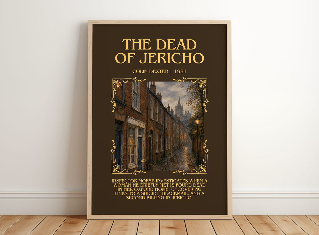 The Dead of Jericho Minimalist Book Poster by Colin Dexter – framed print leaning on a wooden floor