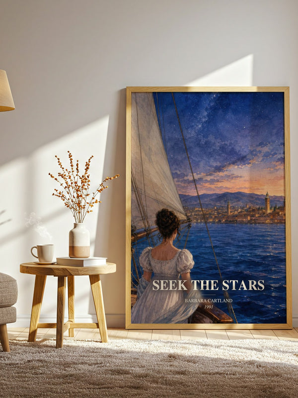 Seek The Stars watercolour print in frame leaning in hallway – romance wall art