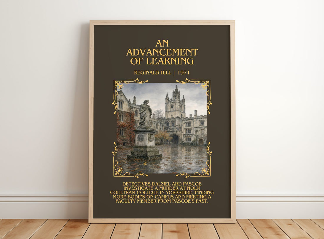 An Advancement of Learning Minimalist Book Poster by Reginald Hill – framed print leaning on a wooden floor