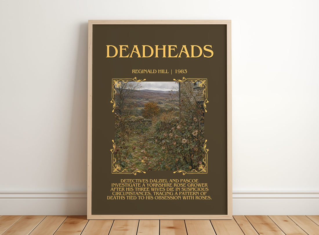 Deadheads Minimalist Book Poster by Reginald Hill – framed print leaning on a wooden floor