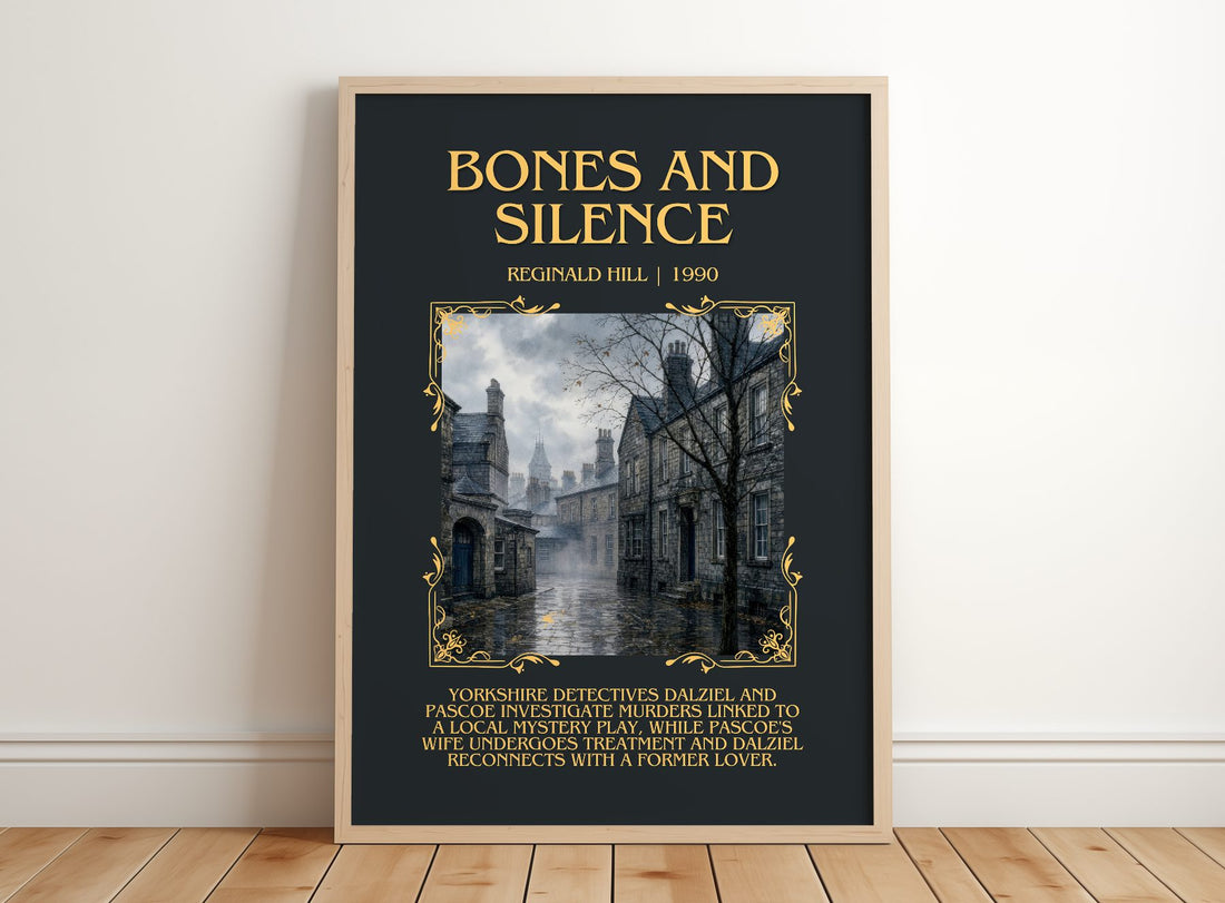 Bones and Silence Minimalist Book Poster by Reginald Hill – framed print leaning on a wooden floor