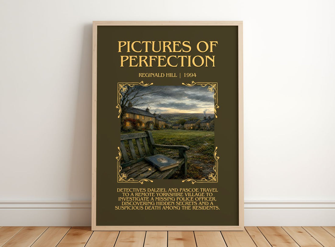 Pictures of Perfection Minimalist Book Poster by Reginald Hill – framed print leaning on a wooden floor